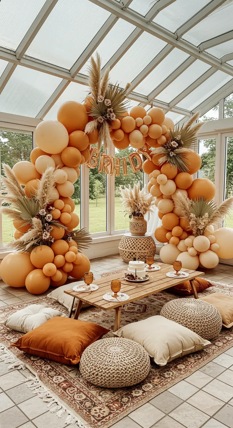 Arche de ballons terracotta et pêche avec des herbes de la pampa dans une véranda.