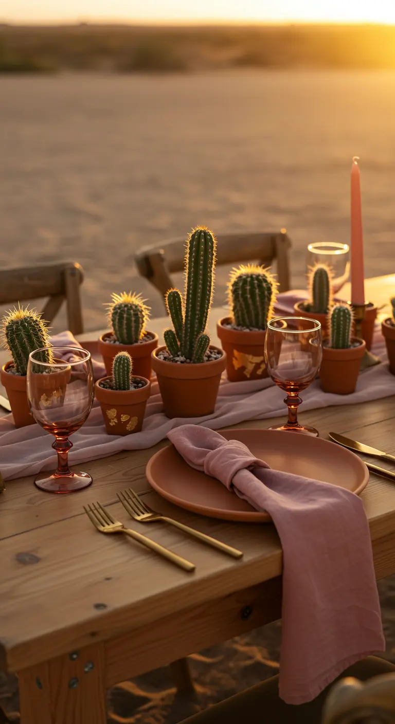 Table bohème dans le désert avec des cactus, de la vaisselle en terre cuite et du lin rose.