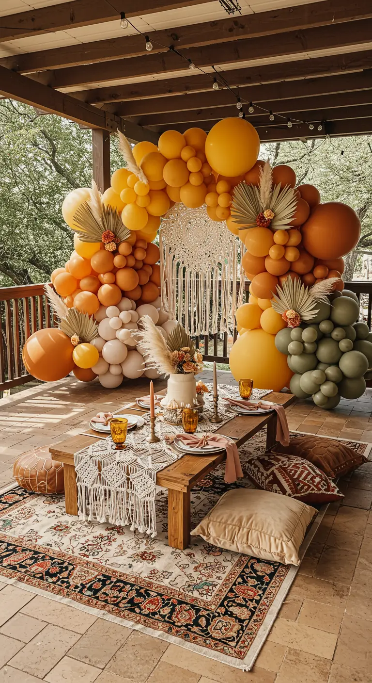 Arche de ballons bohème aux tons chauds avec pampas et macramé.