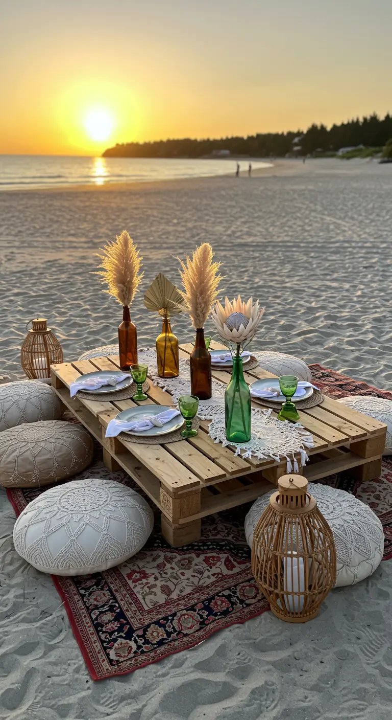 Pique-nique bohème sur la plage au coucher du soleil avec table palette et herbes de pampa.