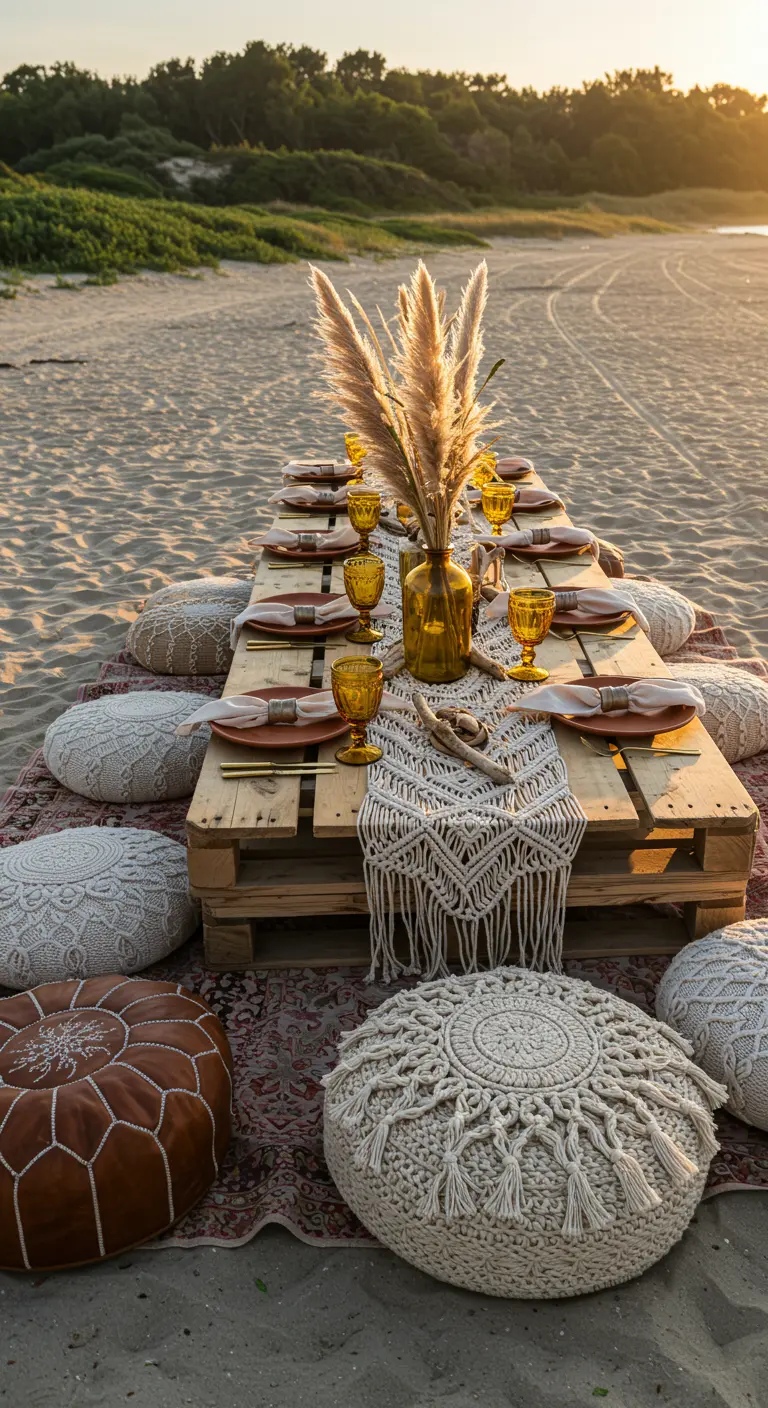 Table basse en palette sur la plage, décorée de macramé et entourée de poufs.