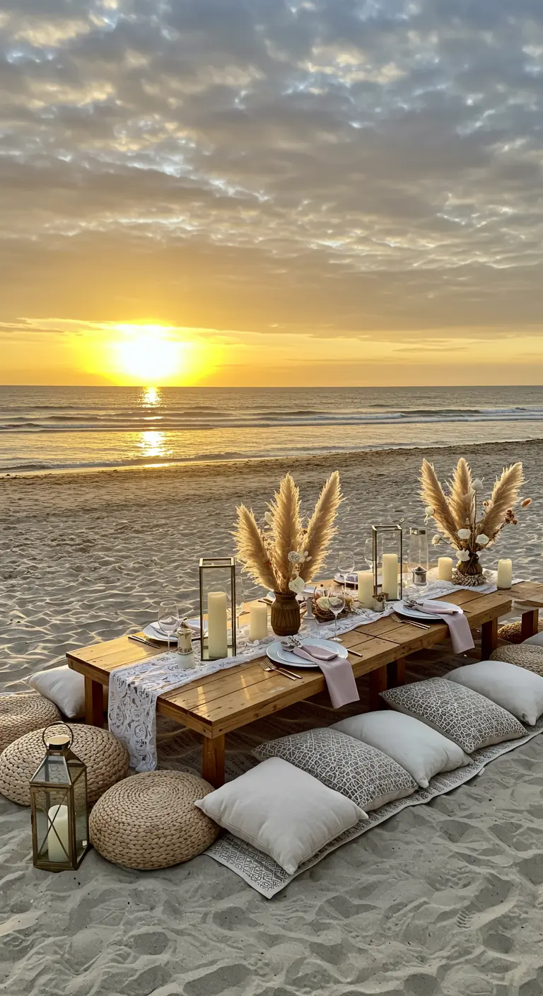 Pique-nique bohème sur la plage au coucher du soleil avec herbe de la pampa
