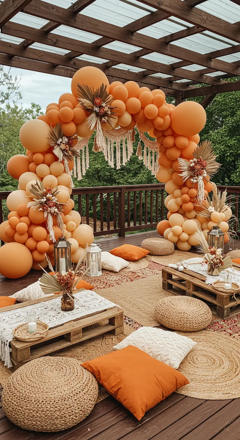 Arche de ballons terracotta et pêche de style bohème sur une terrasse en bois.
