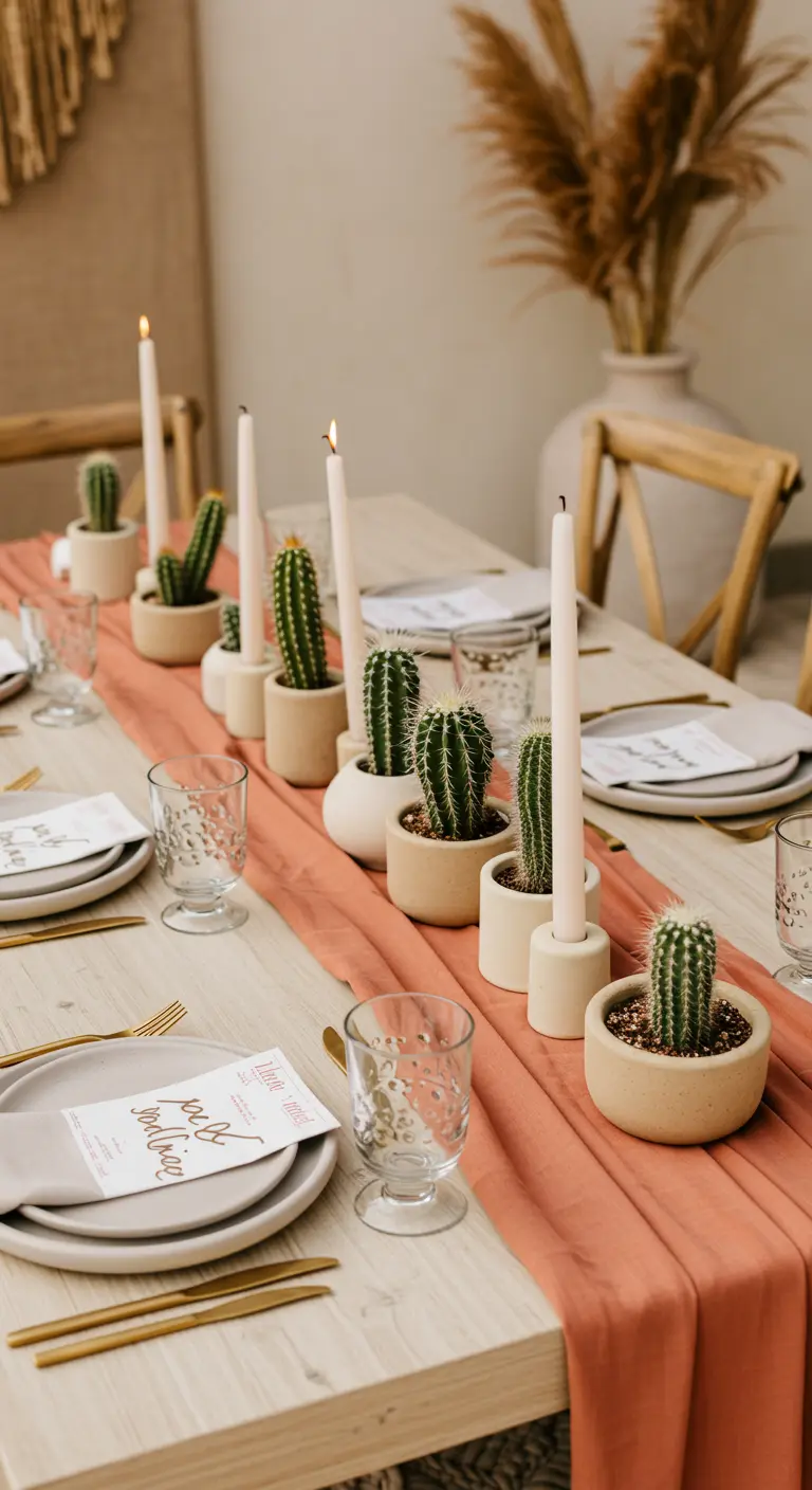 Chemin de table terracotta avec une rangée de cactus et de fines bougies.