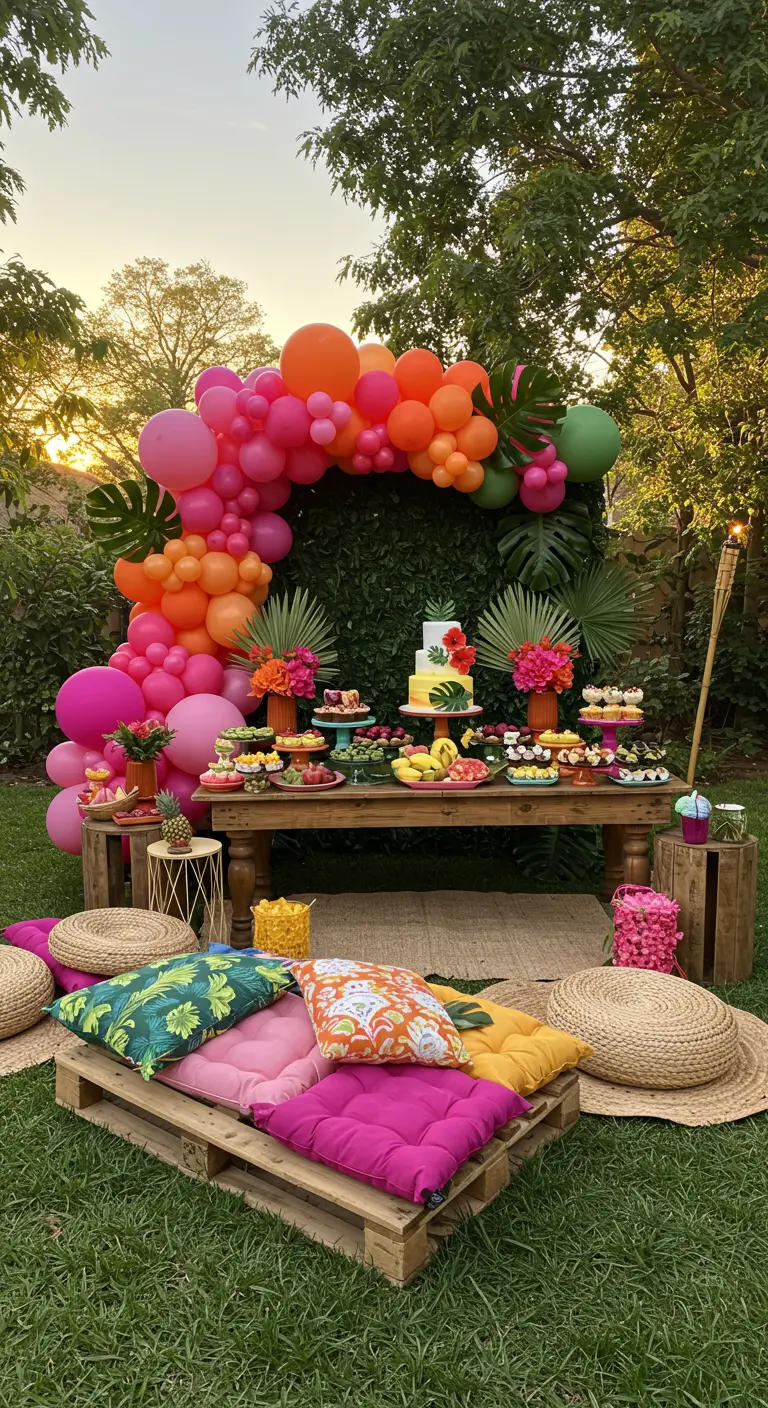 Fête tropicale dans un jardin avec arche de ballons roses et oranges au-dessus d'un buffet.
