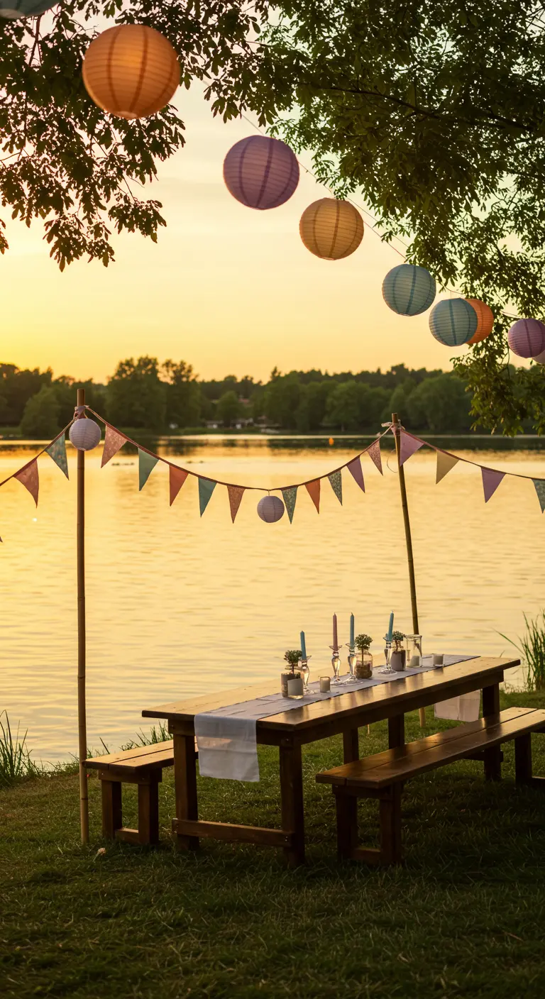 Fête au bord d'un lac au coucher du soleil avec une table en bois, lampions pastel et fanions.