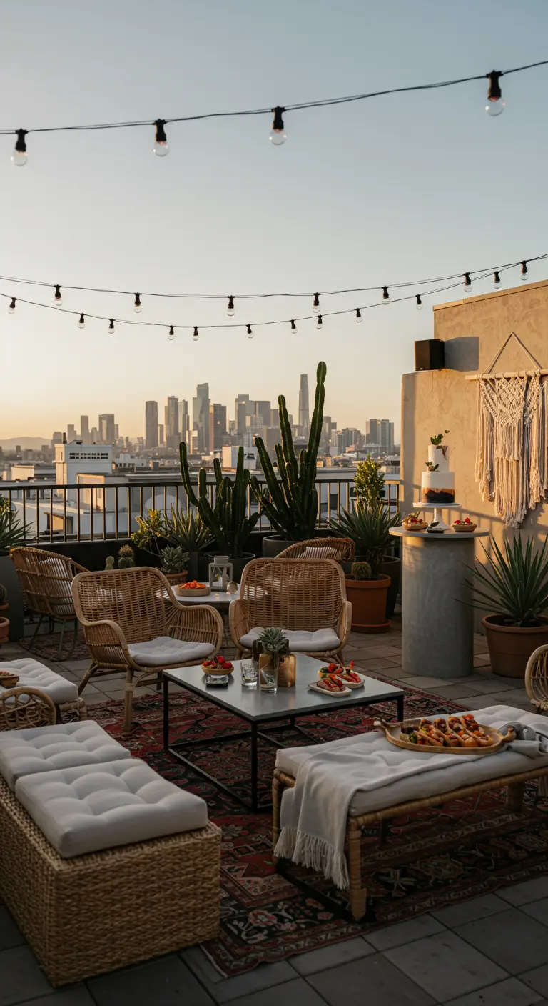 Rooftop avec vue sur la ville, meubles en rotin, cactus, tapis persan et guirlandes.