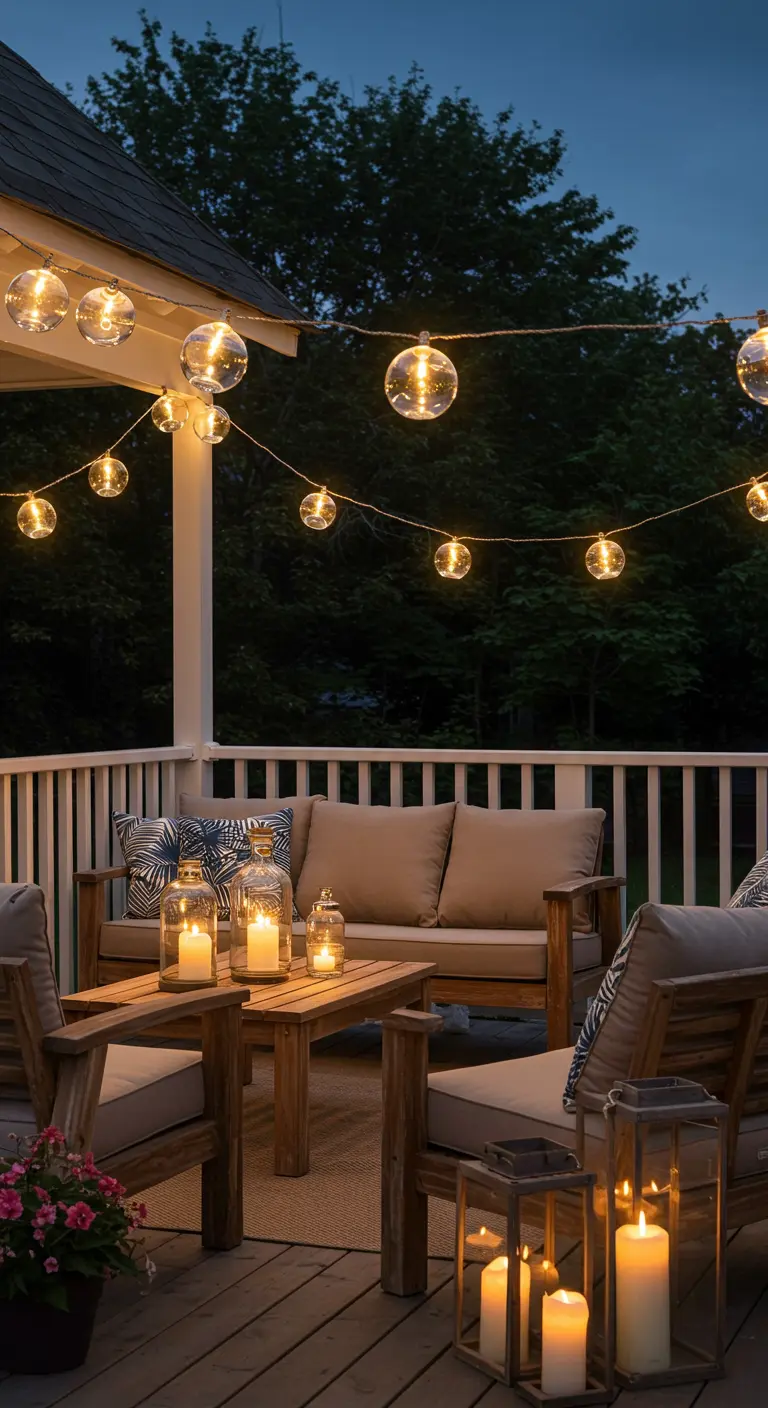 Patio en bois avec des guirlandes lumineuses, des lanternes au sol et des bougies.