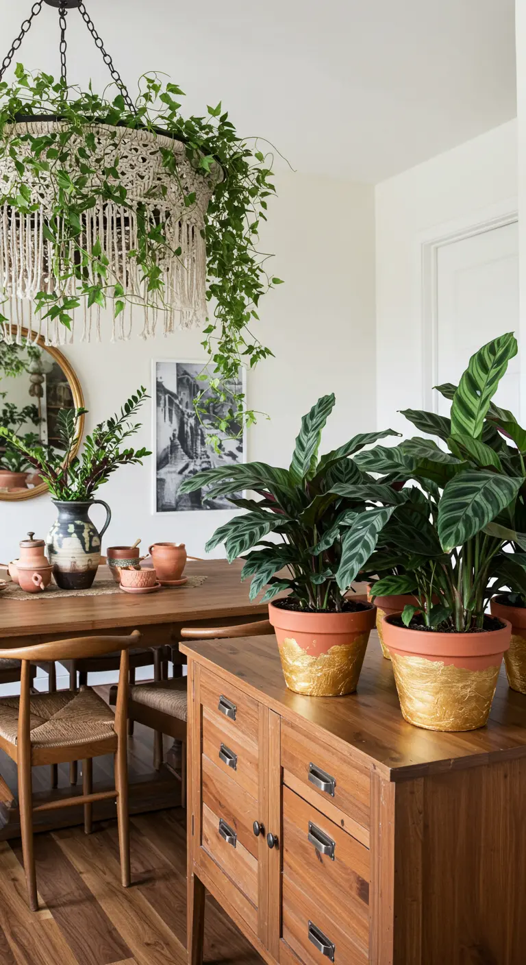 Lustre en macramé avec une plante grimpante au-dessus d'une table, avec des pots dorés à proximité.