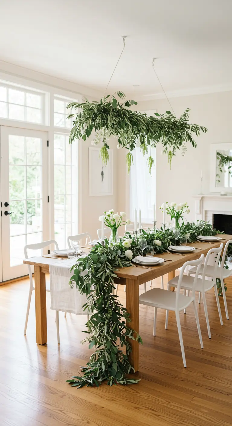 Guirlande de feuillage vert suspendue au-dessus d'une table en bois clair et chaises blanches.