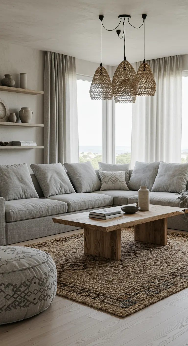 Salon aux tons neutres avec grand canapé gris, table basse en bois massif, et trois suspensions en rotin.