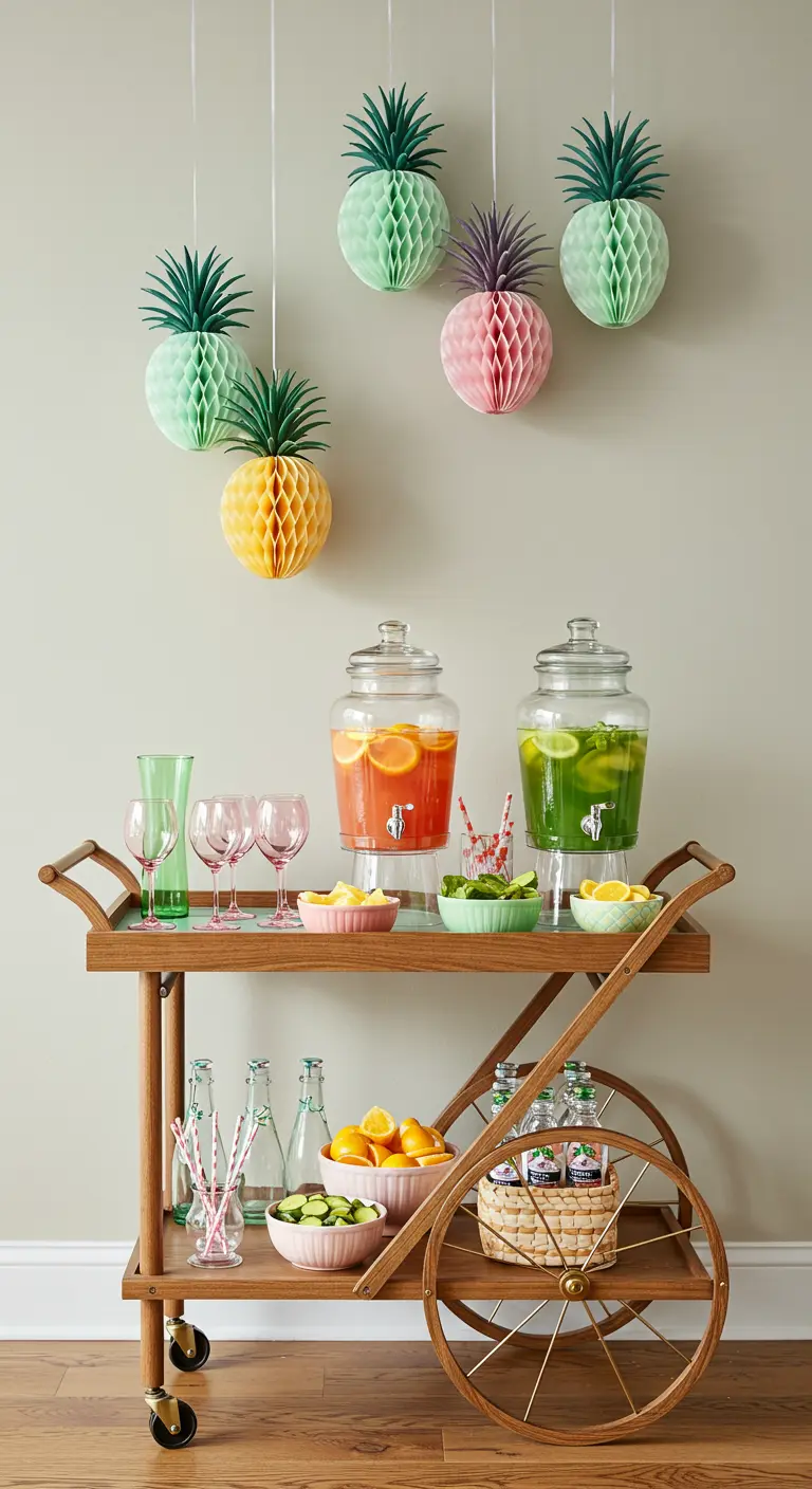 Bar à boissons sur un chariot en bois, surmonté d'ananas en papier suspendus.
