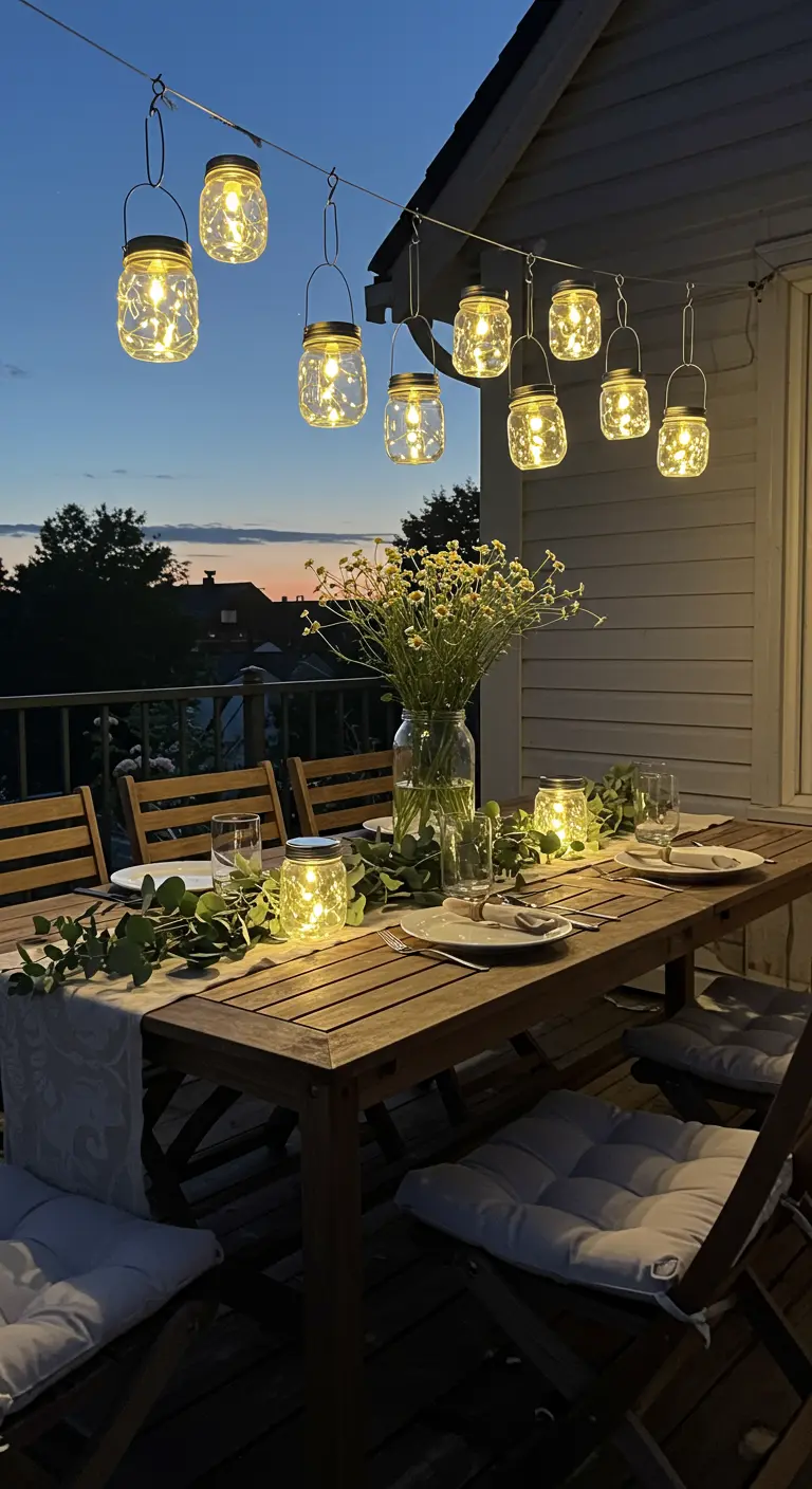 Table à dîner en plein air la nuit, éclairée par des bocaux suspendus contenant des guirlandes.