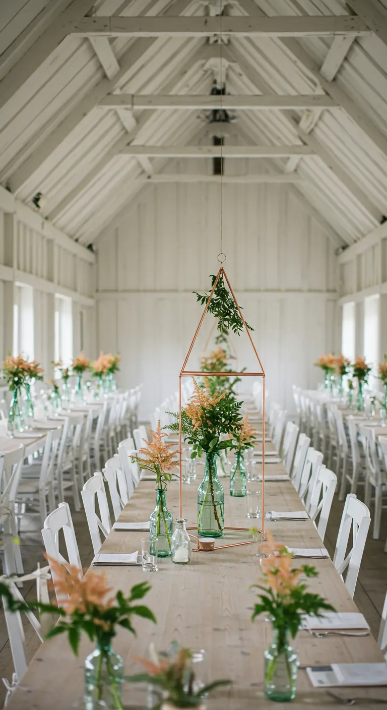 Longue table de mariage avec une structure géométrique en cuivre suspendue au-dessus.