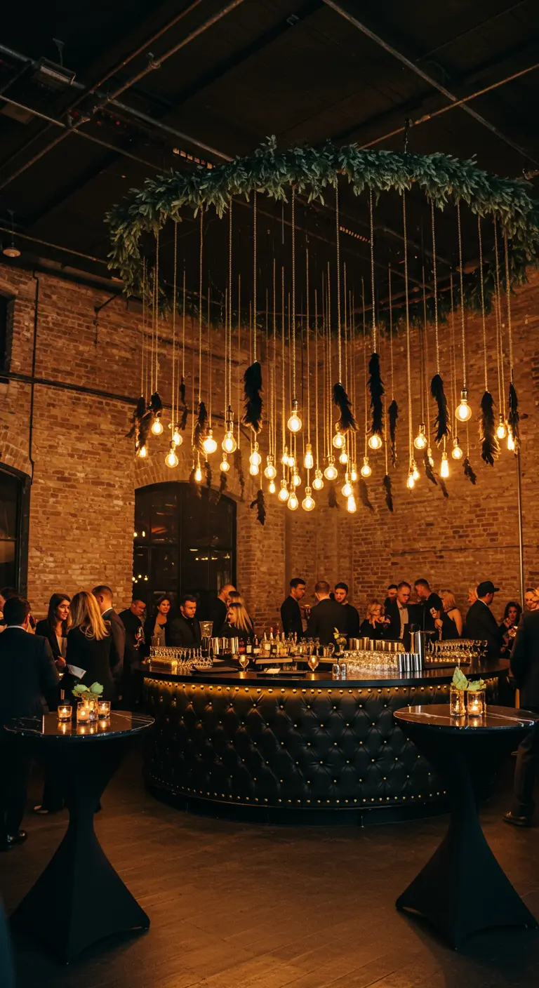 Installation lumineuse suspendue au-dessus d'un bar circulaire dans un lieu de fête.