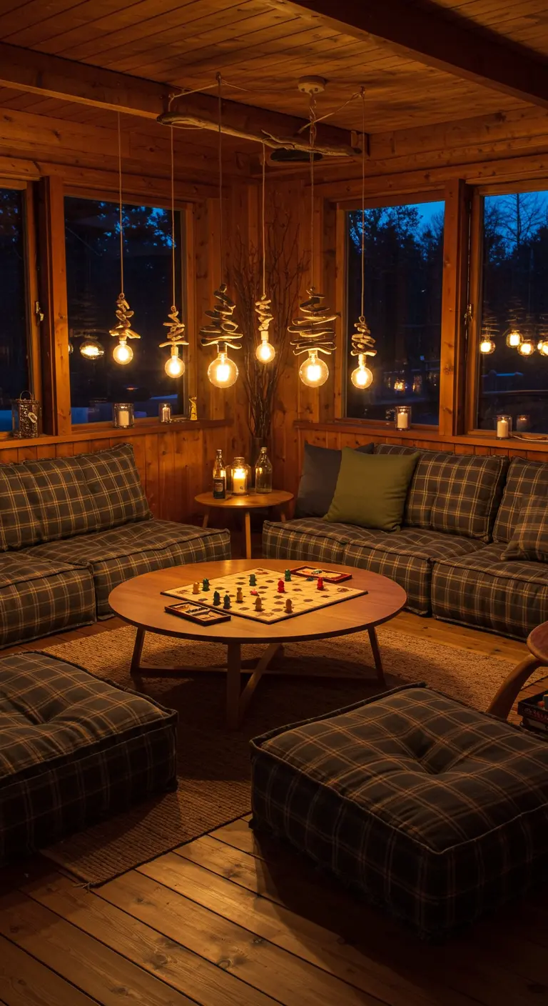 Plafonnier DIY fait de bois flotté et d'ampoules suspendues dans une cabane.