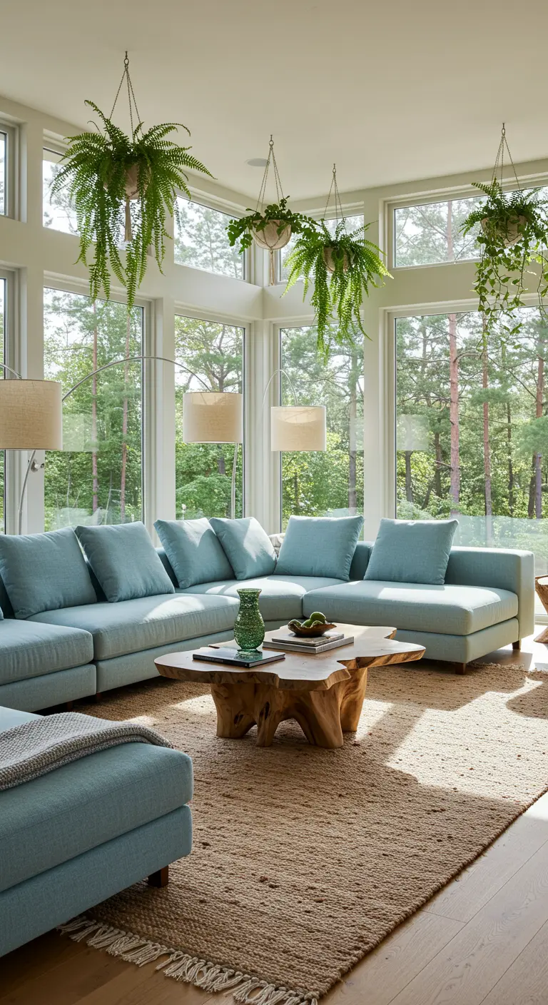 Grand salon avec de larges fenêtres, canapé bleu clair, table basse organique et plantes suspendues luxuriantes.