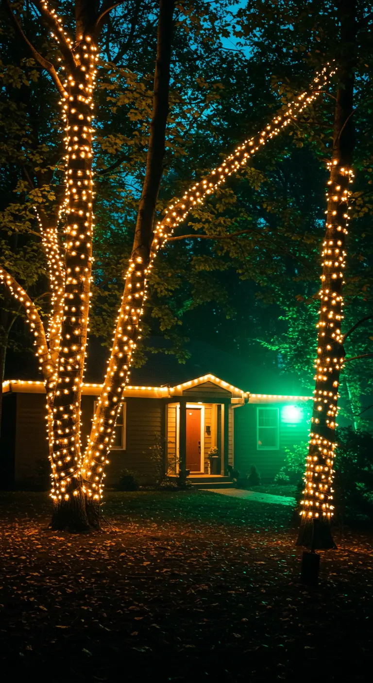 Arbres enveloppés de lumières chaudes devant une maison, avec un projecteur vert sur le côté.