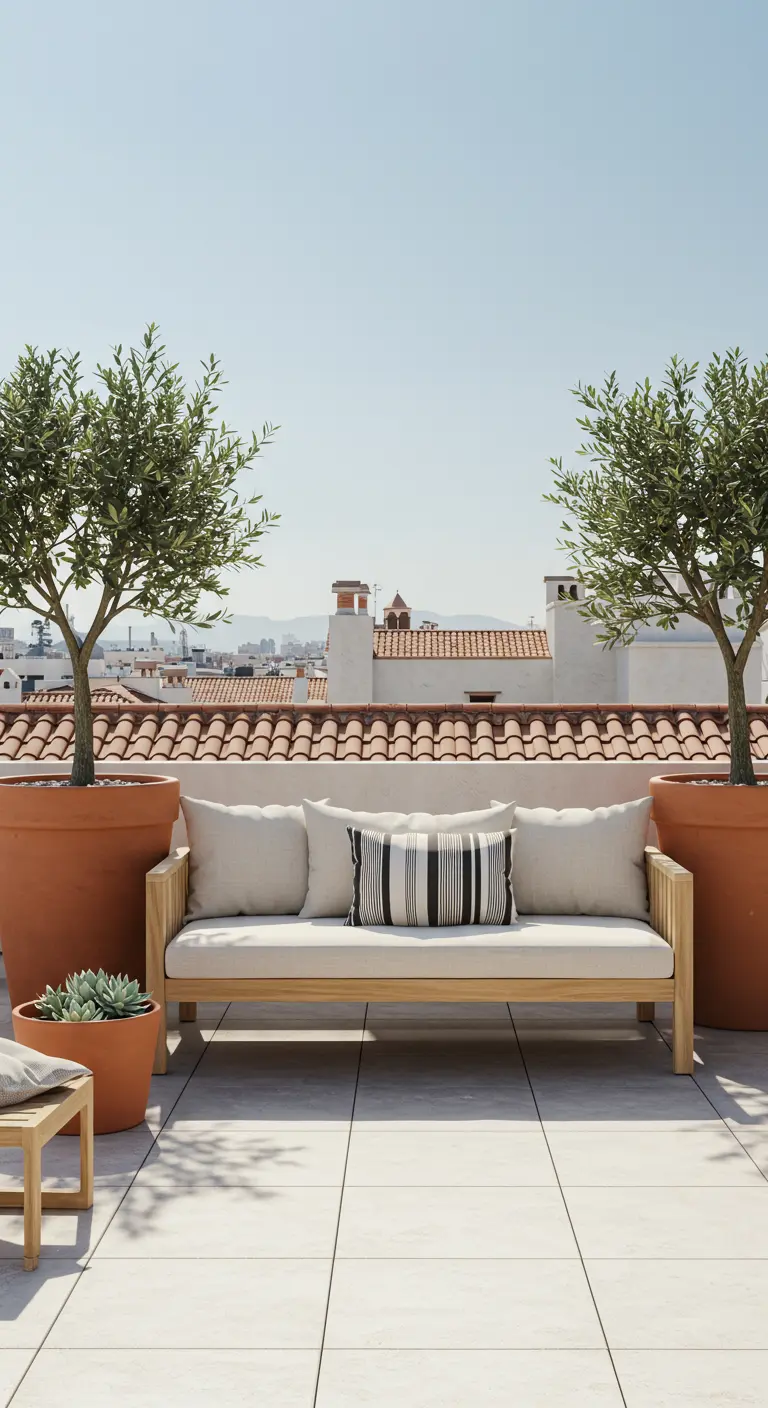 Terrasse moderne avec un canapé blanc flanqué de deux grands oliviers en pot.