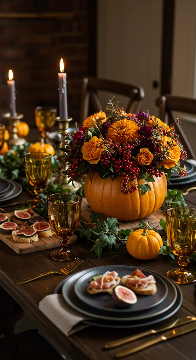 Centre de table automnal avec un vase en citrouille rempli de fleurs et de baies