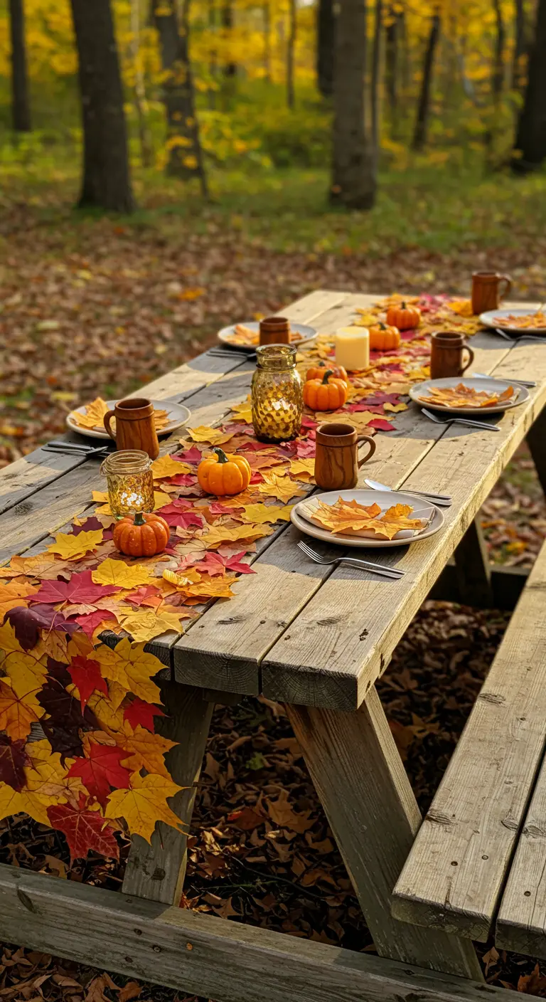 Table de pique-nique en bois en forêt automnale avec un chemin de table de feuilles colorées et mini-citrouilles.