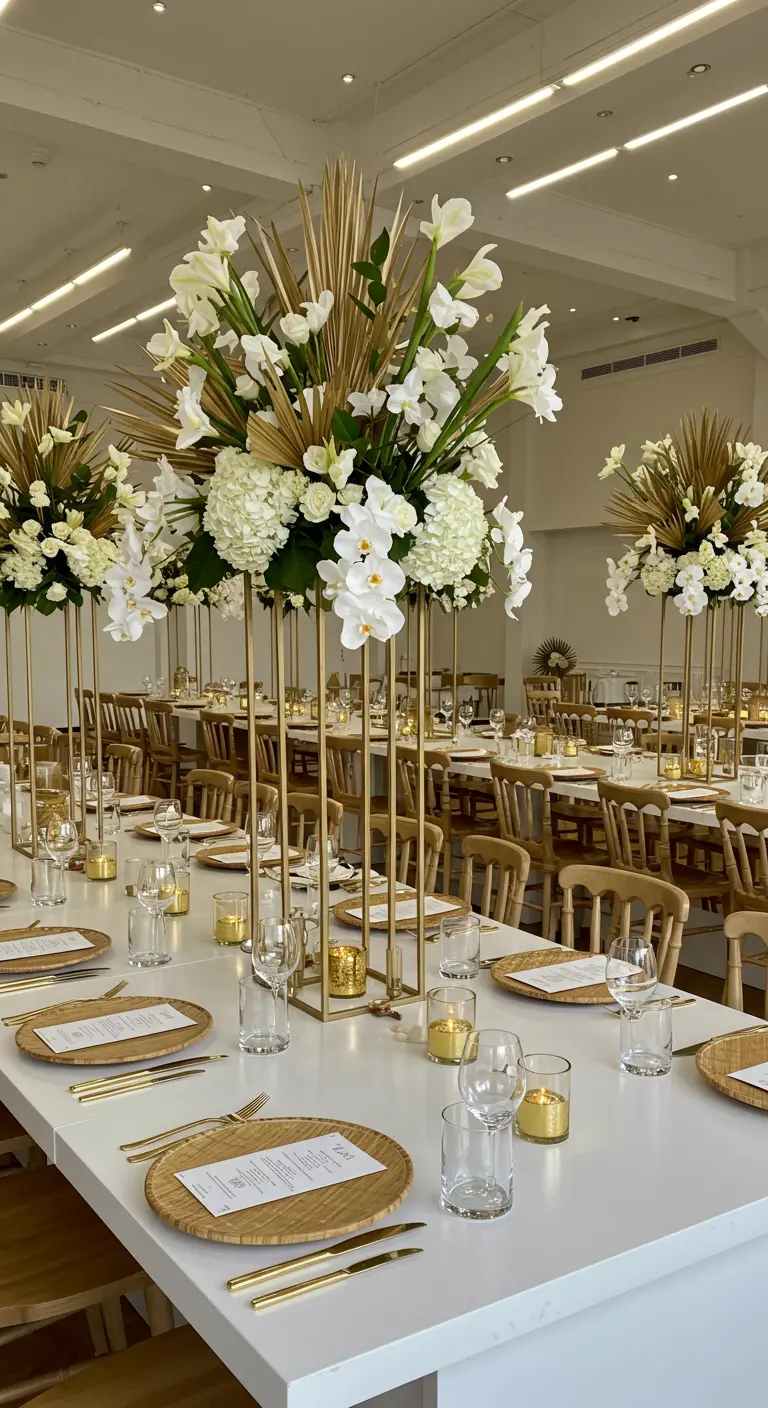 Longue table de réception blanche avec hauts centres de table fleuris blancs et dorés, sous un plafond clair.