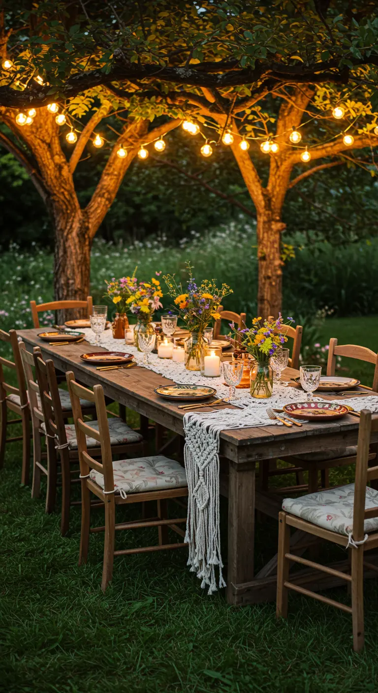 Table de jardin rustique avec chemin de table en macramé et guirlandes lumineuses.