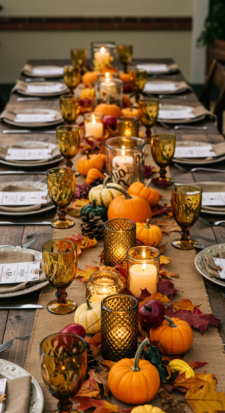 Table d'automne avec citrouilles, feuilles mortes et photophores ambrés.