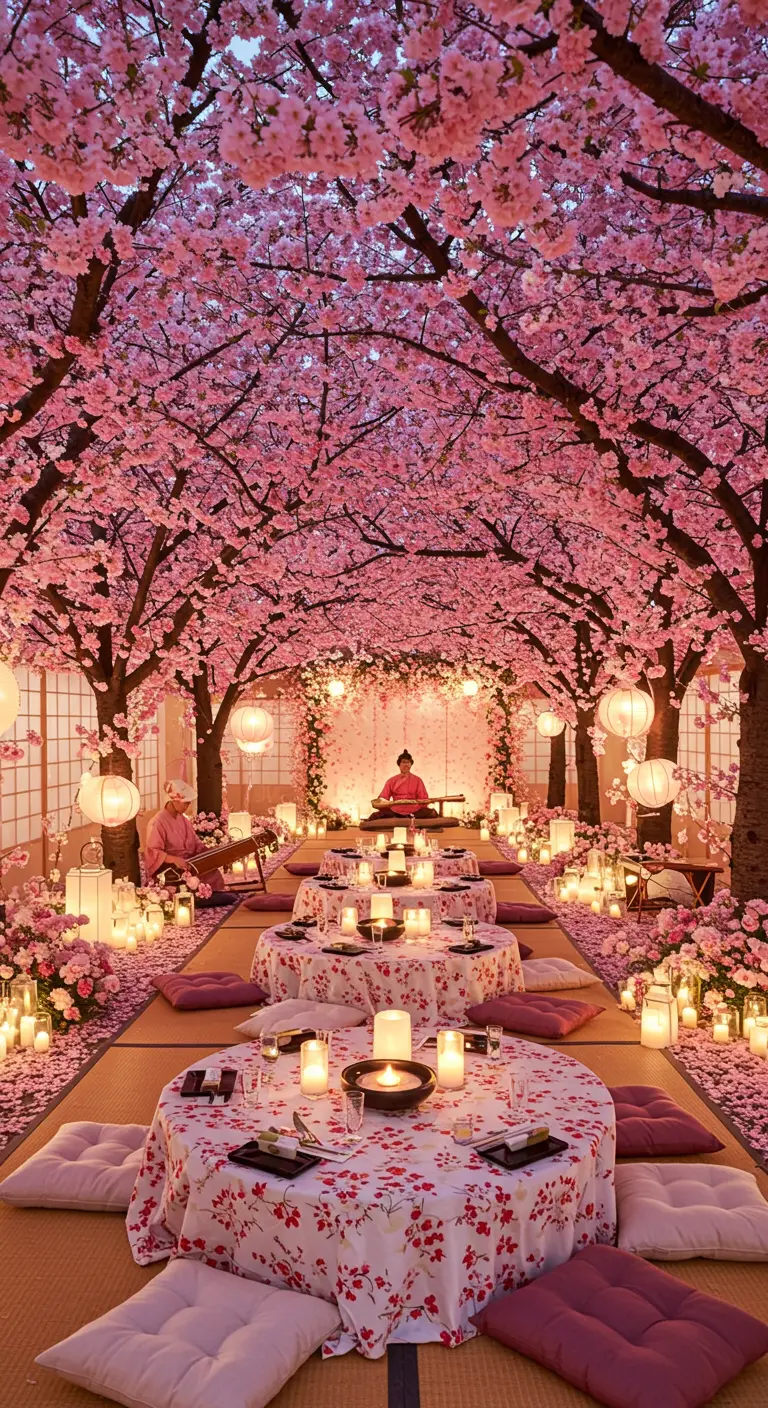 Table de réception élégante avec nappe rose fleurie, arche de roses luxuriante et chandeliers.