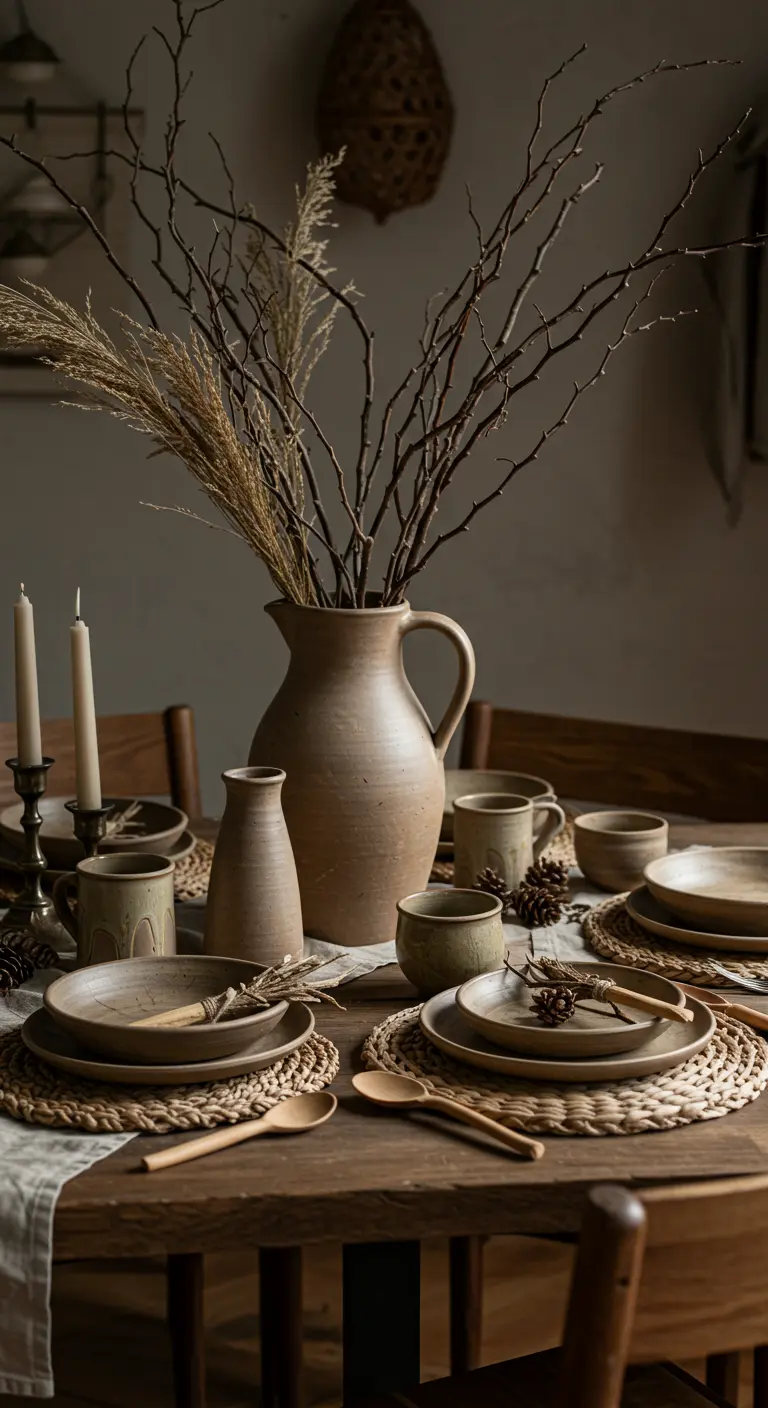 Table dressée avec de la vaisselle en grès, des sets de table tressés et une grande jarre de branches séchées.