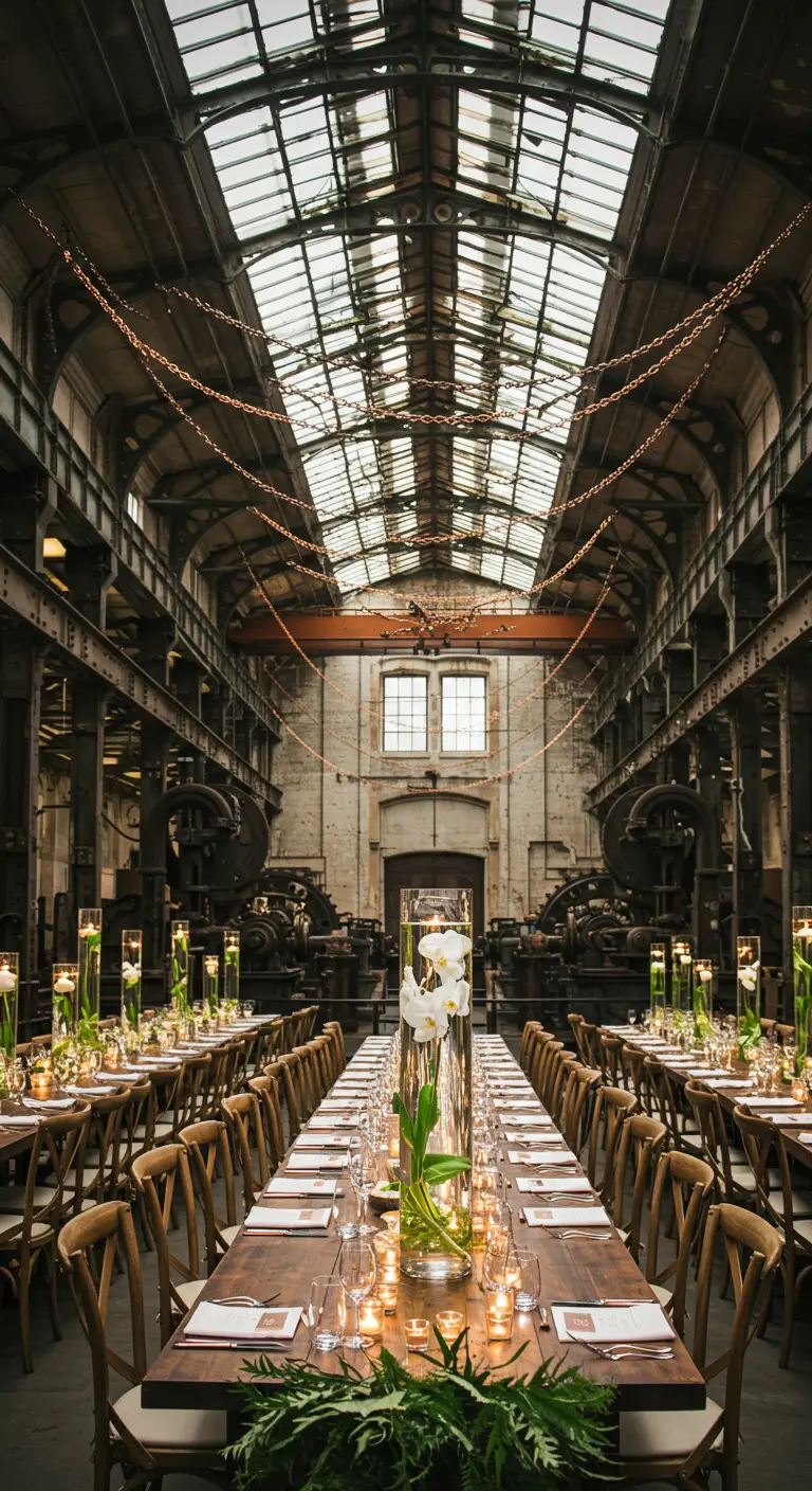 Longue table de mariage dans un hall industriel avec de hauts vases et des orchidées.