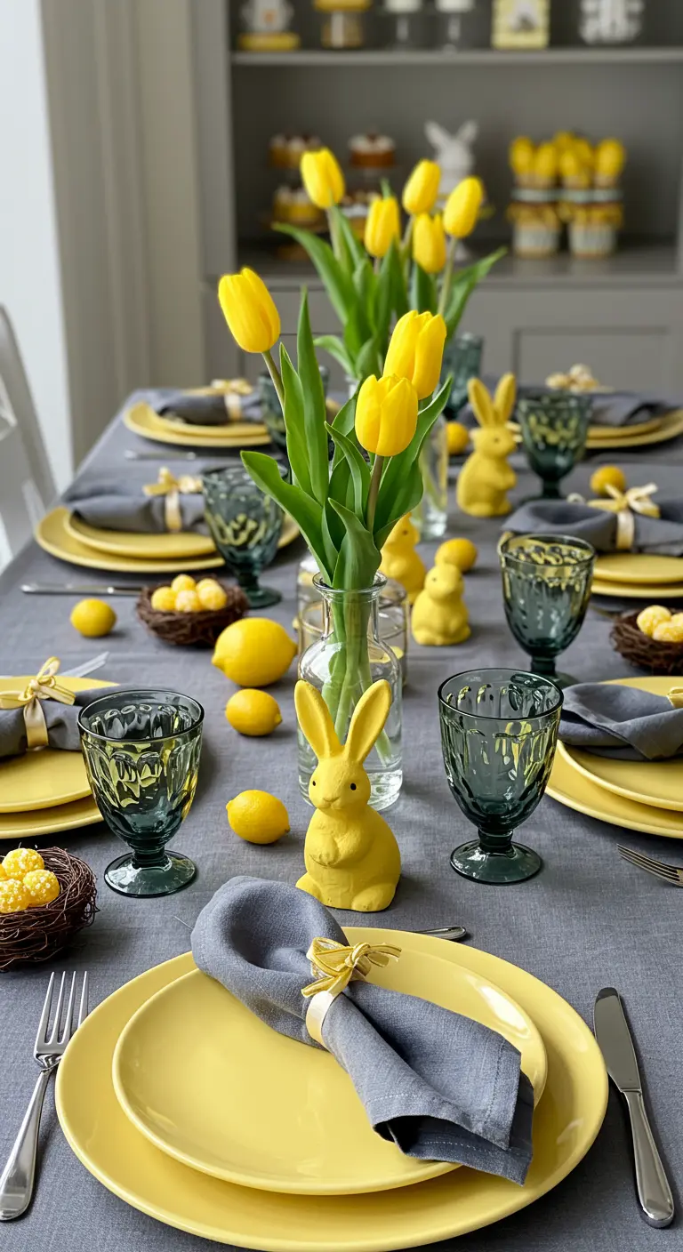 Table de Pâques chic en jaune et gris avec des tulipes et des citrons.