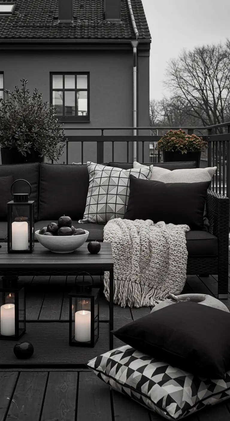 Terrasse monochrome noire et blanche avec canapé, coussins à motifs et lanternes.