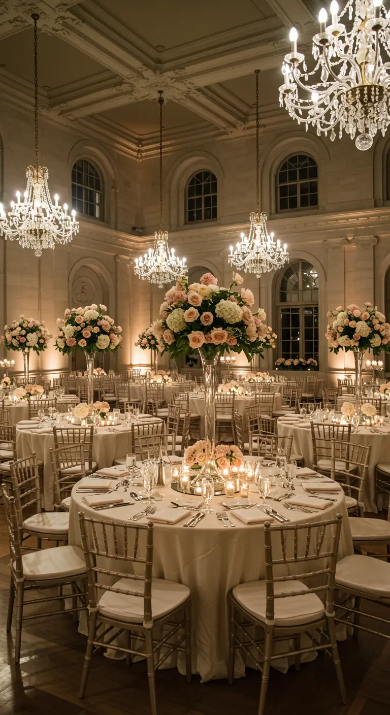 Salle de bal élégante avec hauts centres de table floraux et lustres en cristal.