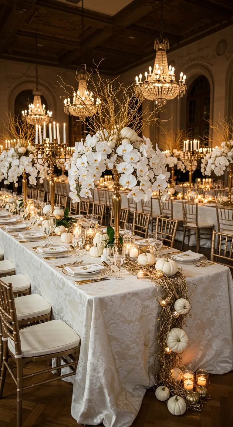 Grande table de banquet luxueuse avec chemin de table de citrouilles blanches et dorées, arrangements floraux hauts.
