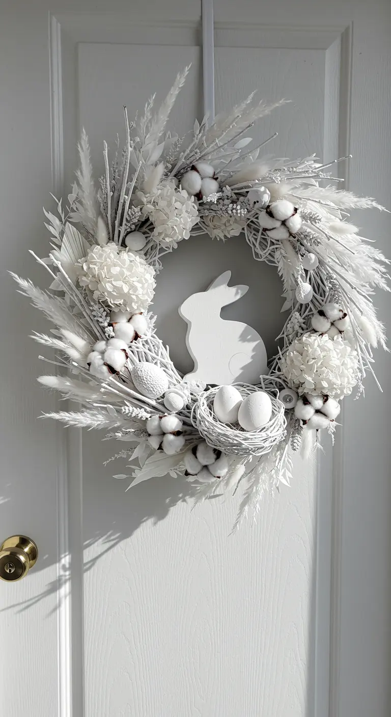 Couronne de Pâques entièrement blanche avec différentes textures.