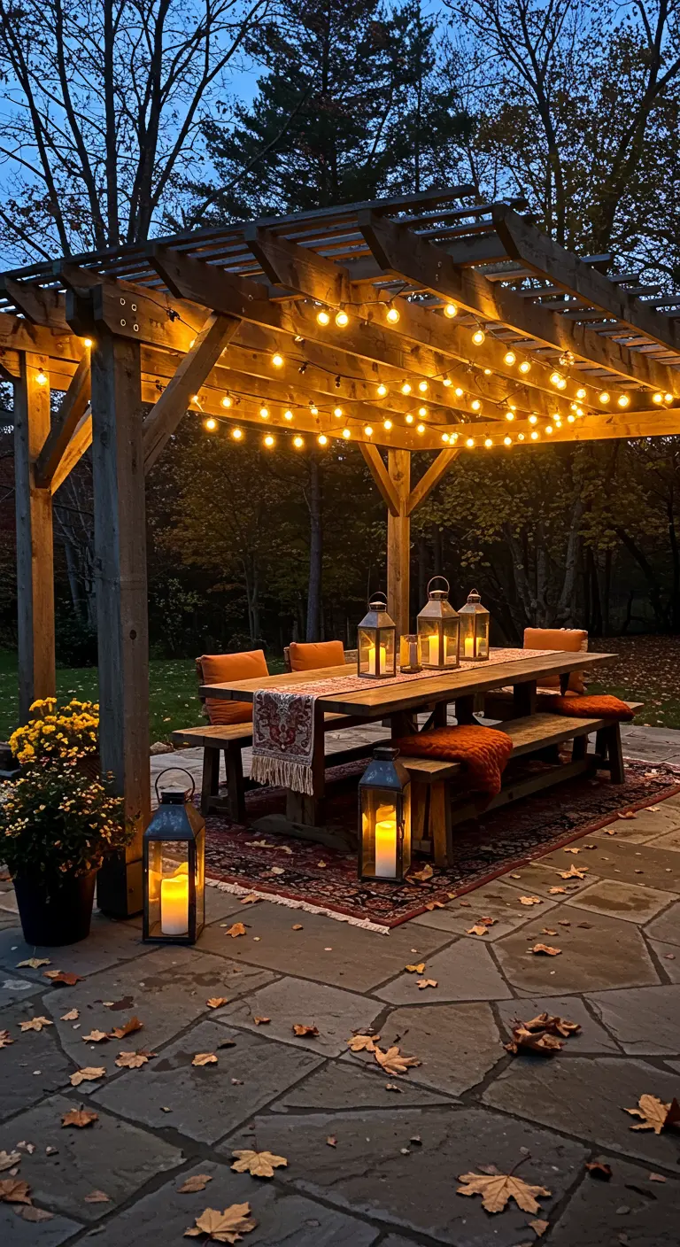 Pergola en bois éclairée par des guirlandes et des lanternes, avec une table de repas automnale.