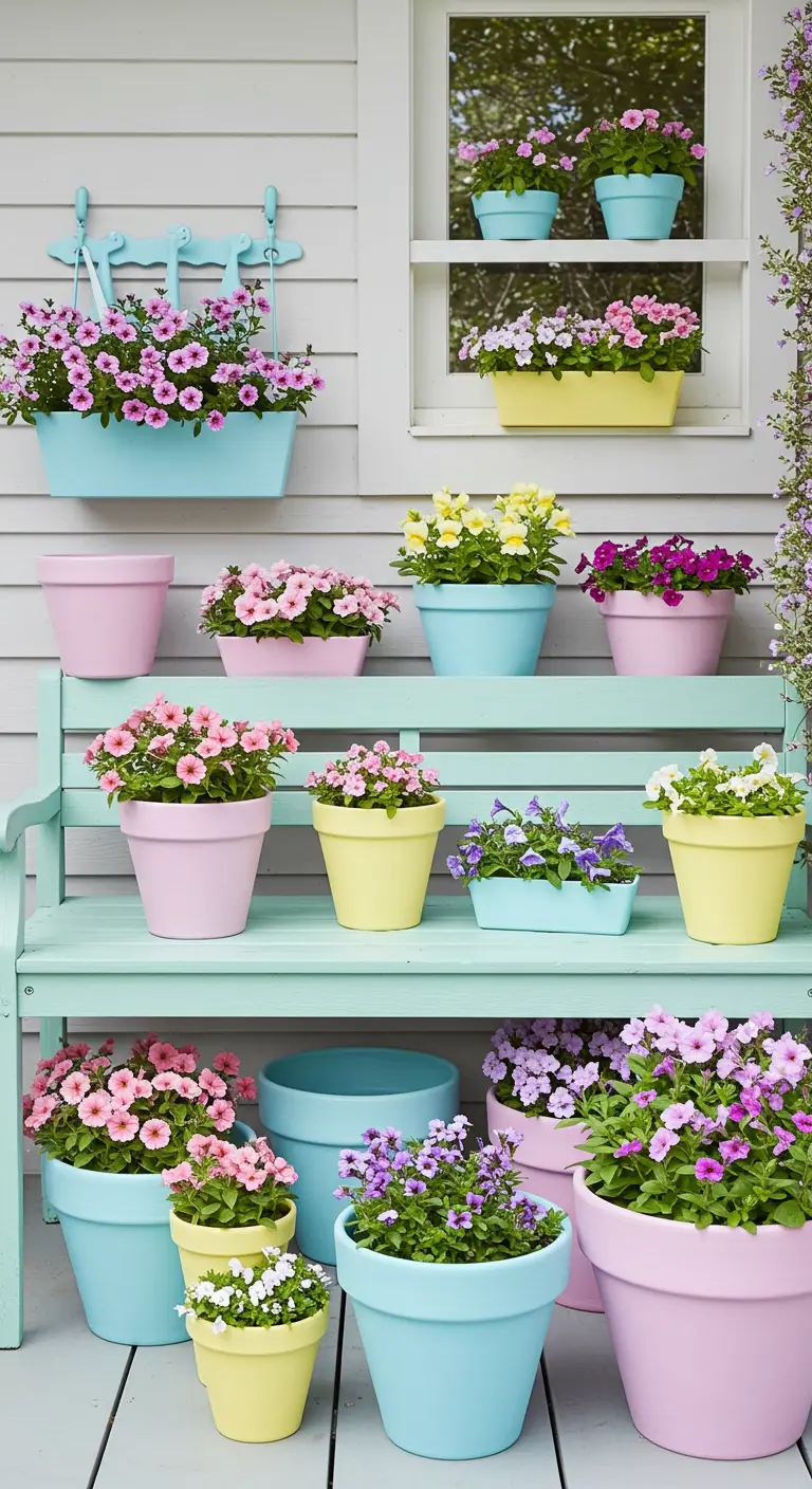 Un banc vert menthe chargé de pots de fleurs dans des tons pastel.