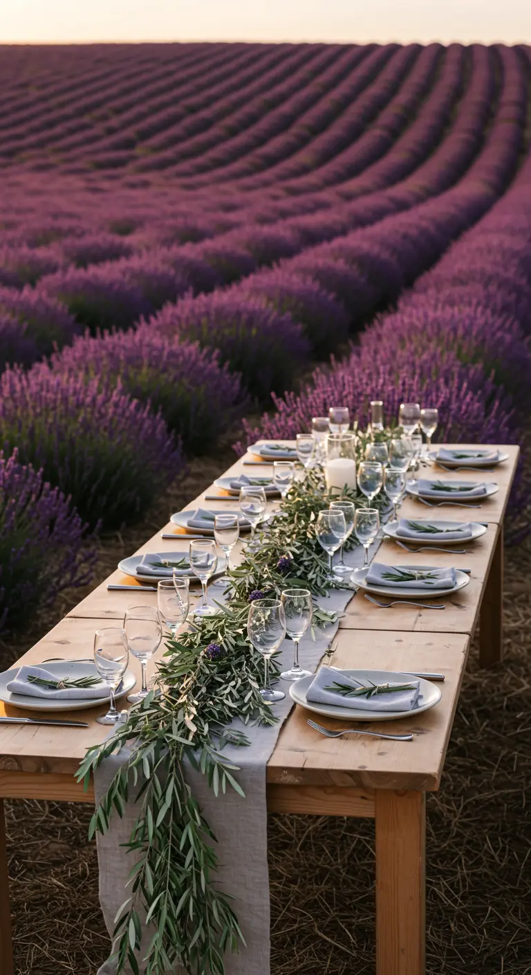 Longue table en bois dressée dans un champ de lavande au coucher du soleil.