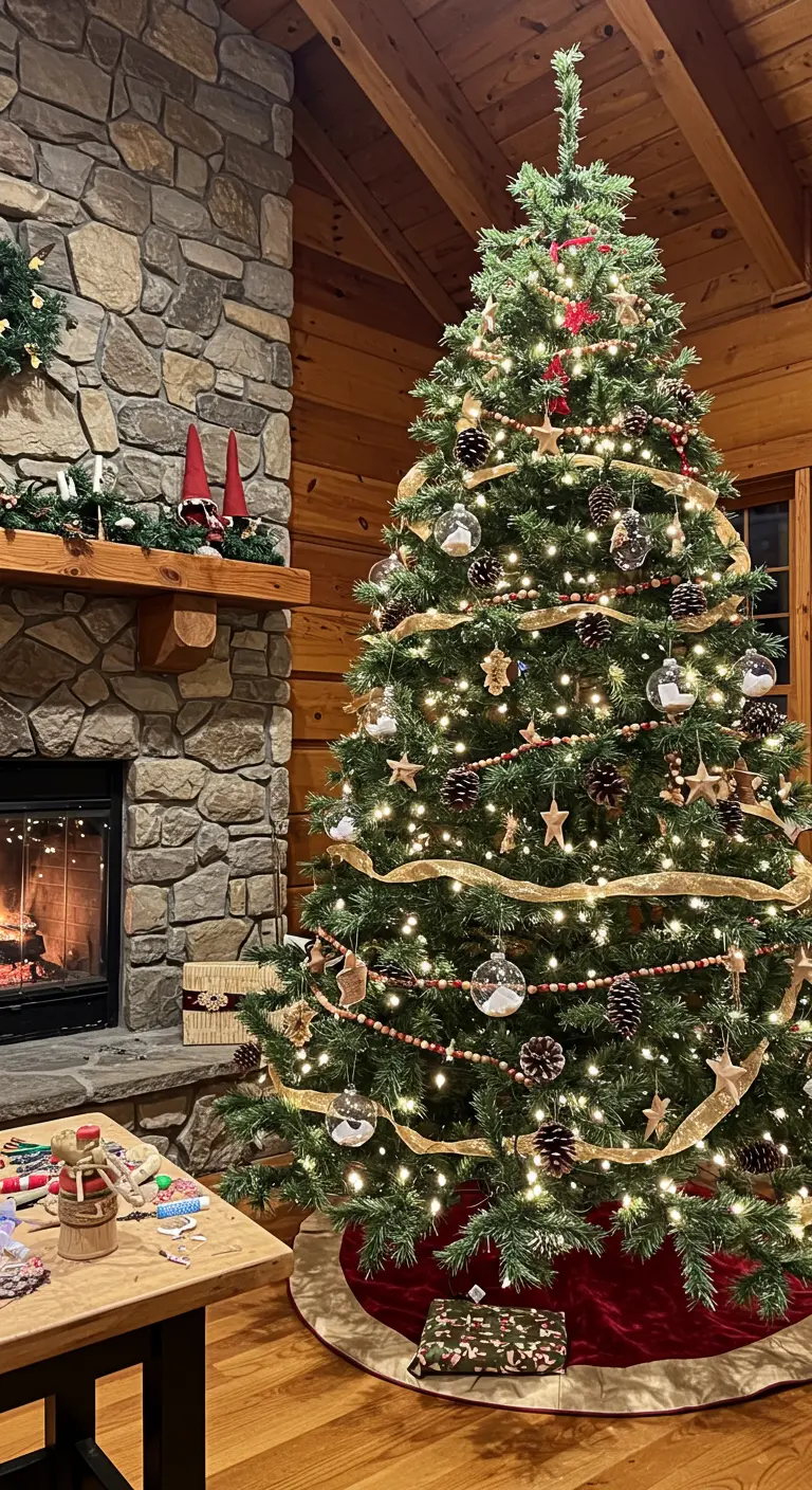 Sapin décoré de boules transparentes et d'éléments naturels, près d'une cheminée.
