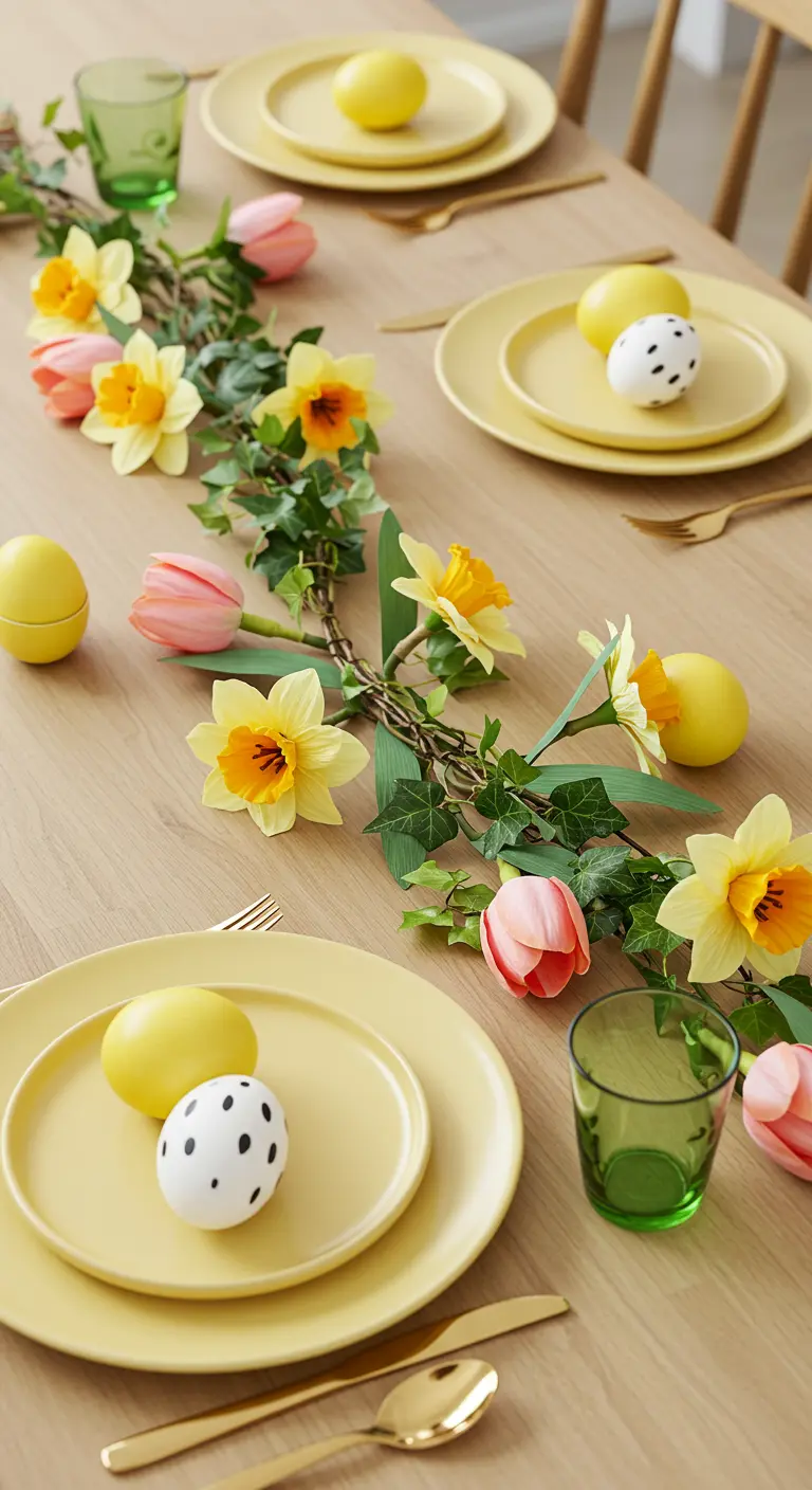 Table de Pâques jaune et verte avec une guirlande de jonquilles et de tulipes.