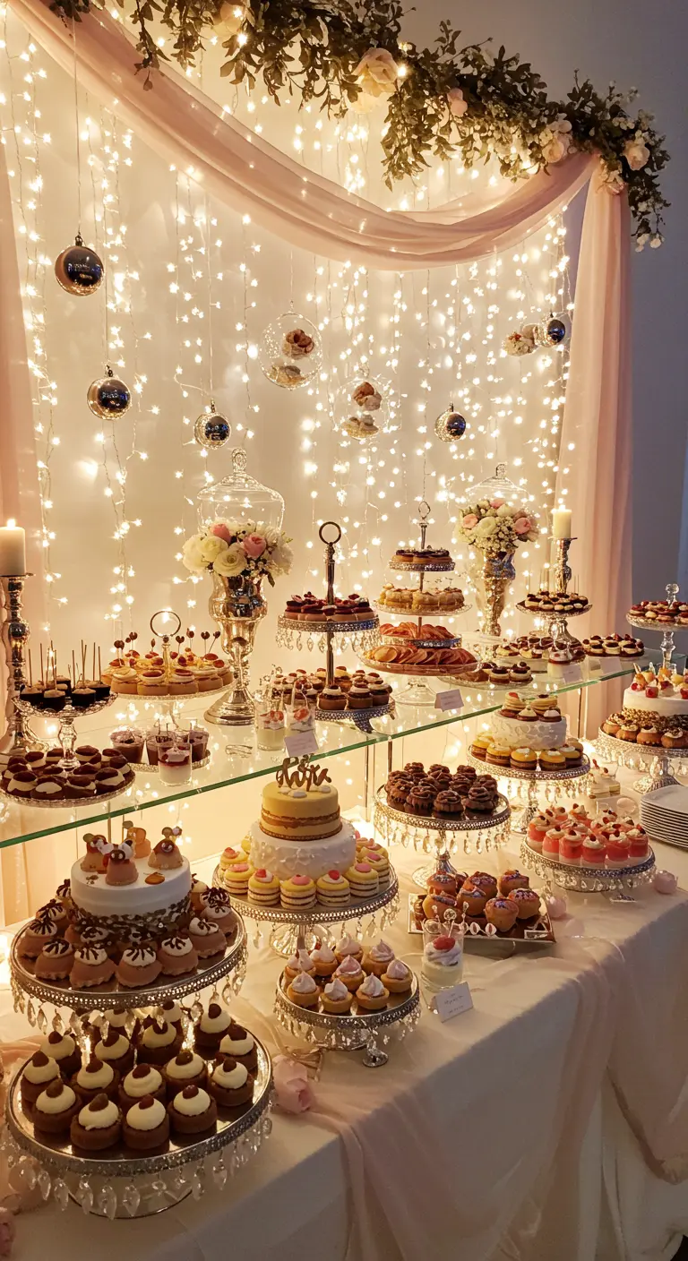 Buffet de desserts avec un mur de guirlandes lumineuses, étagères argentées, ornements suspendus.
