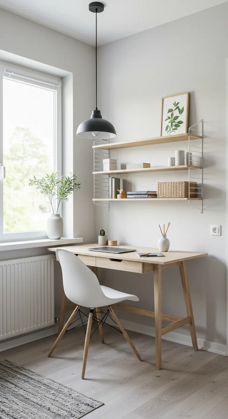 Bureau scandinave avec étagères modulaires blanches et bois clair, fenêtre lumineuse