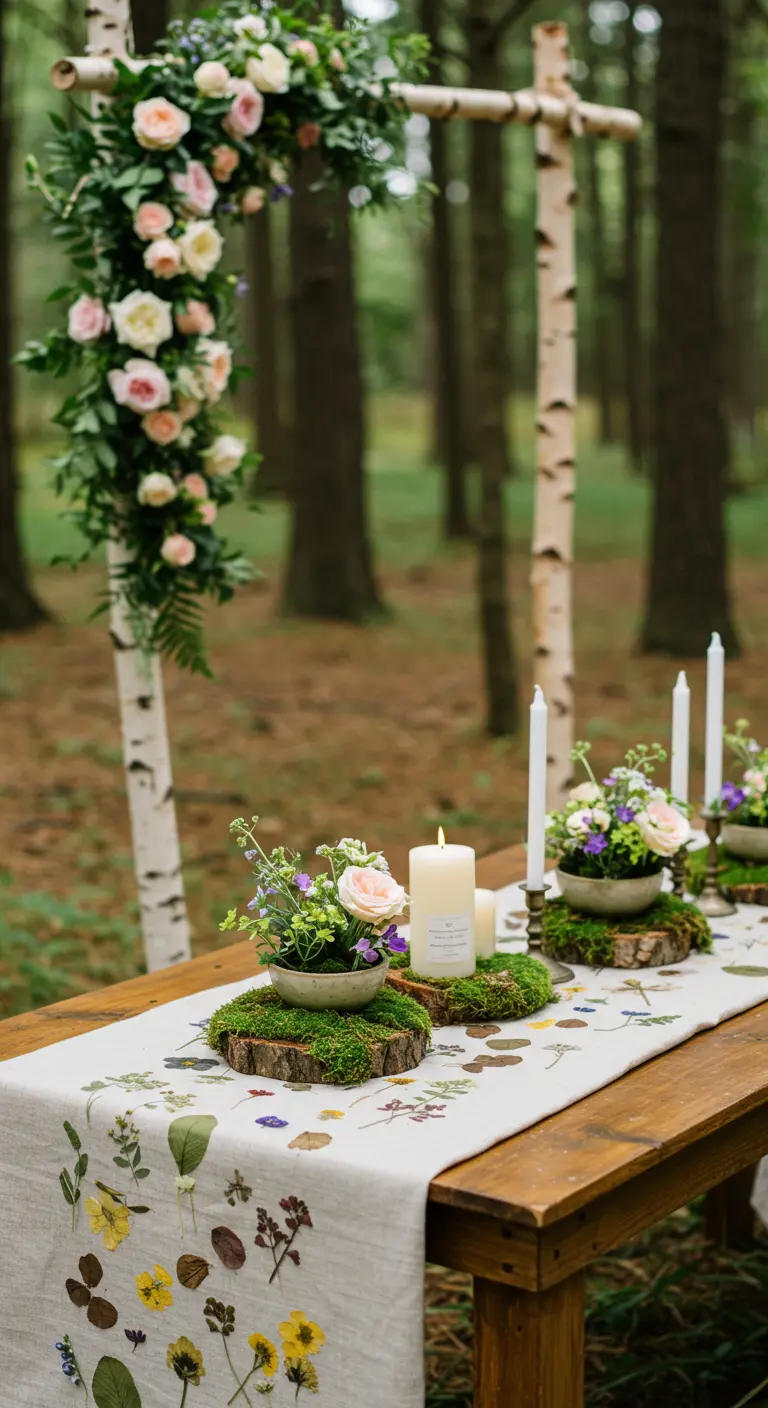 Table en bois décorée d'un chemin de table fleuri de fleurs séchées, bougies et petits bouquets en forêt.