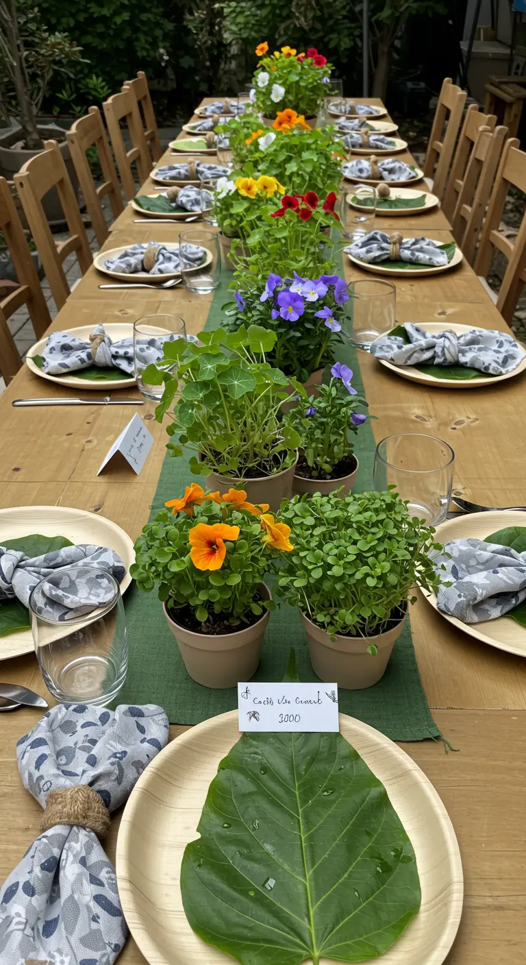 Table de jardin avec des plantes comestibles en pot et de grandes feuilles en guise de sets de table.