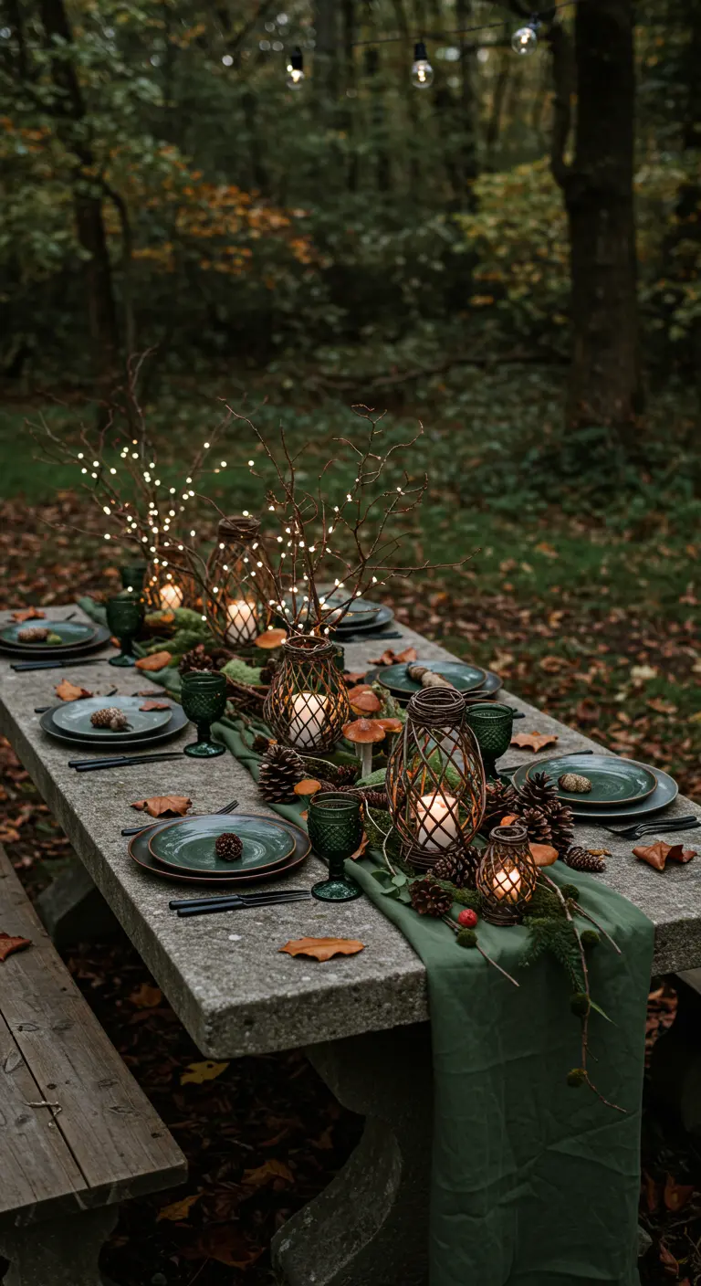 Table de pique-nique en forêt avec chemin de table vert, lanternes, branches lumineuses et pommes de pin.