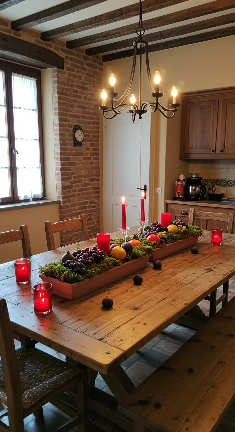 Centre de table rustique avec mousse, bougies rouges, raisins, figues et citrons dans des bacs en terre cuite.