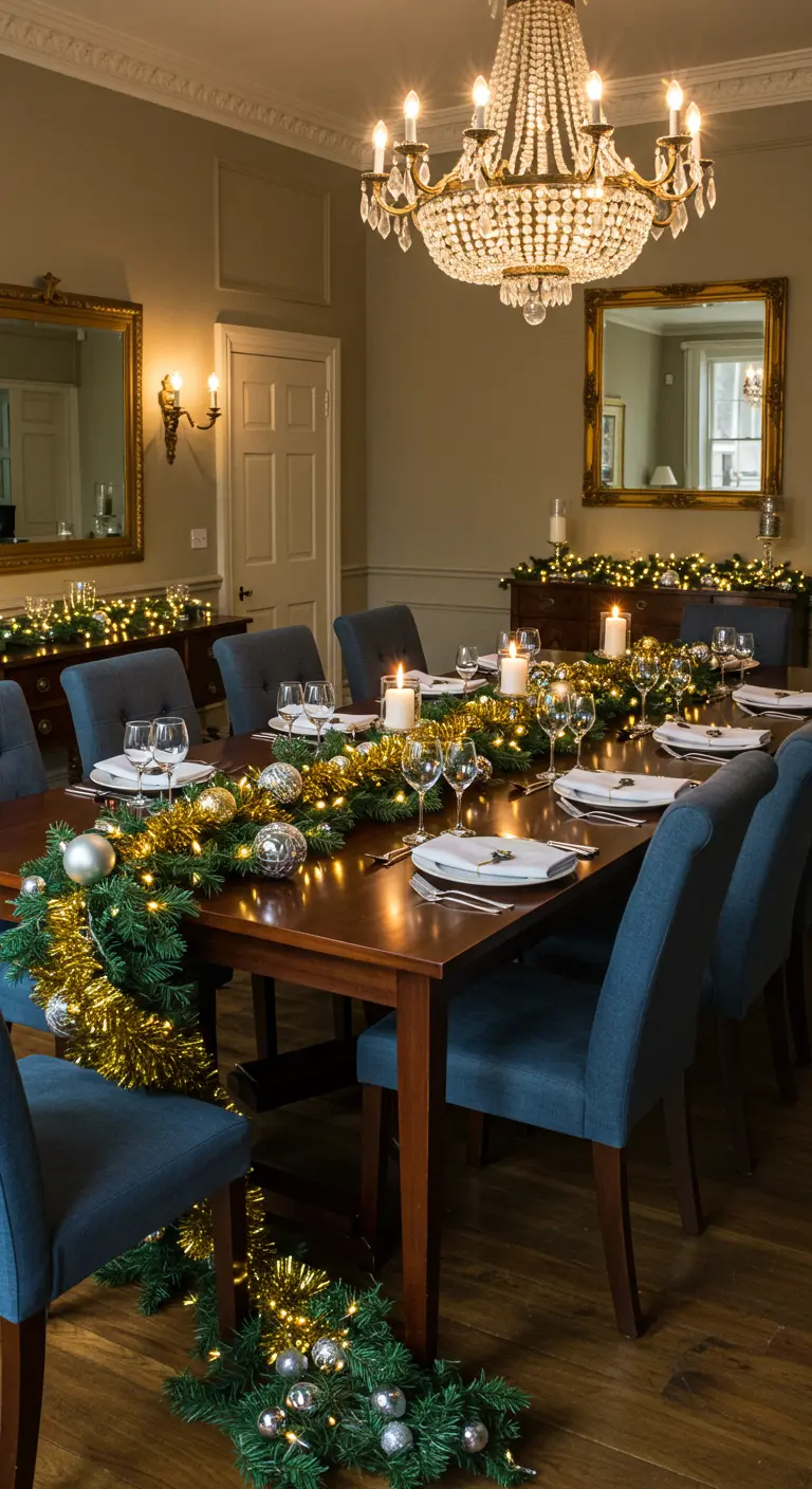 Longue table de fête dressée avec une guirlande de sapin, dorée, boules argentées et bougies.