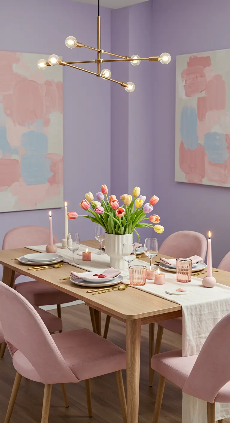 Salle à manger aux murs lavande avec table en bois, chaises roses et bougies pastel.