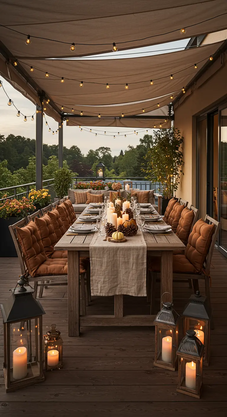 Grande terrasse avec longue table à manger, guirlandes lumineuses au-dessus, bougies, lanternes et coussins orange.